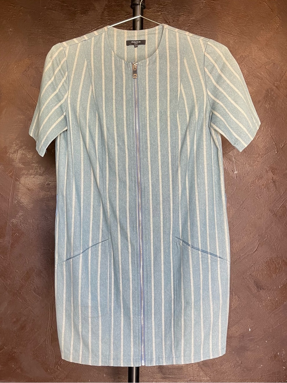 FRNCH Light Blue and White Striped Zip-Front Mini Dress
